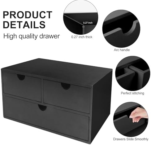 Charmewooden Bamboo Desk Organizer with 3 Drawers, Countertop Organizer with Drawers Makeup Storage Drawer 3 Drawer Tabletop Storage Organization Box Home Office Workspace（Black）