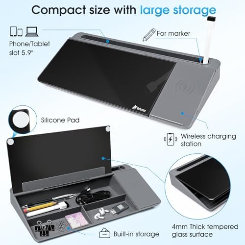 Varhomax Glass Desk Whiteboard with Wireless Charger, Desktop Organizer