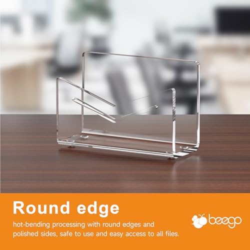 Beego Envelope and Mail Organizer Countertop - Clear Acrylic Desk Organizer Letter Holder Desktop File Sorter Bill Document Folder Rack for Office, Home, School Desk Organization