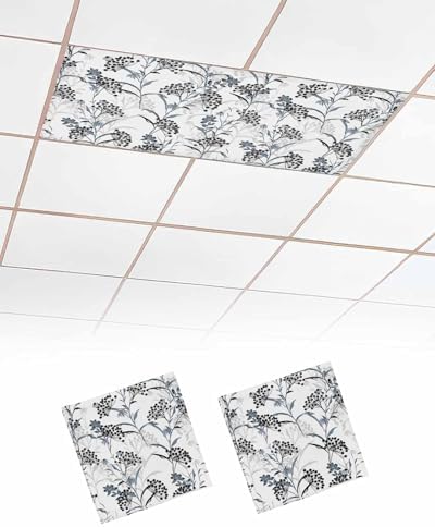 Black Grey Magnetic Fluorescent Light Covers for Ceiling Lights 2 x 4 Feet,Spring Modern Herb Flower Floral Plant Office Classroom Kitchen Drop Ceiling Light Covers Lighting Filters Shade 2 Packs