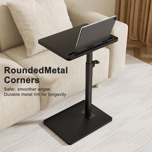 YUHFERA Sofa Armrest Tray Table for Couch - 360° Swivel Height Adjustable End for Small Spaces, Snack Side Table for Bed or Chair with Phone & Tablet Slot (Black,Standard)
