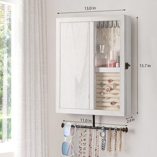 Keebofly Wall Mounted Rustic Wood Jewelry Organizer Cabinet - White