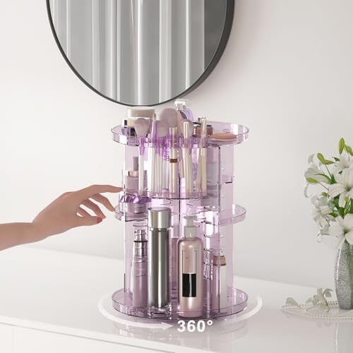 Rotating Makeup Organizer, DIY 8 Adjustable Layers Spinning Skincare Storage, Cosmetic Display Case with Brush Holder and Perfume Tray, Multi-Function Vanity Bathroom Countertop Organizer Clear Purple