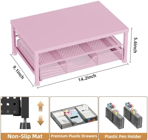 Monitor Stand Riser with Mesh Drawer and 2 Side Pen Holders, Pink Metal Top