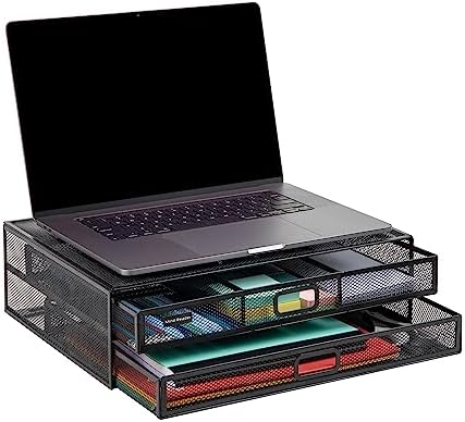 Mind Reader Monitor Stand, Ventilated Laptop Riser, Storage Drawer, Office, Metal Mesh, Black