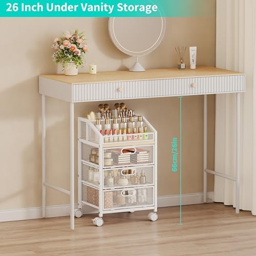 HapiRm Rolling Makeup Cart Organizer - Under Desk Makeup Storage with Wheels, Floor Make up Cart Skincare Organizers Desk Vanity Storage Organizer Cabinet for Cosmetics Makeup Brush Hair Tool, White