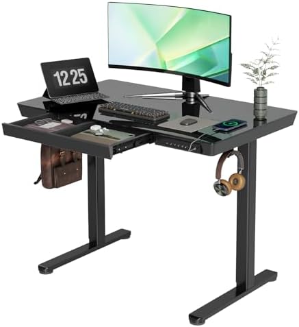 Claiks Glass Standing Desk with Drawers & USB Ports 40x24 Inch, Black
