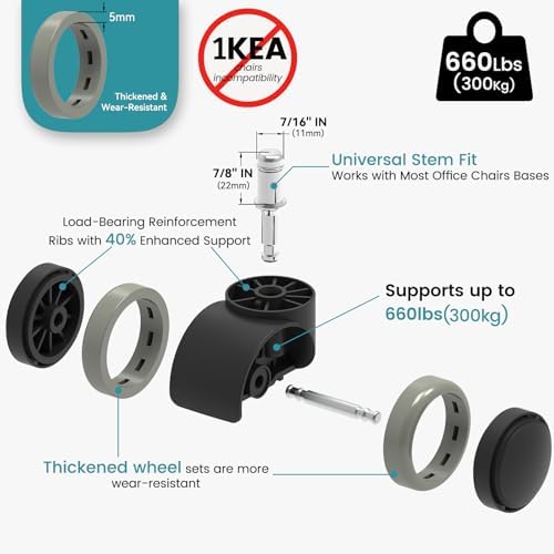 2 Inch Office Desk Chair Wheels Replacement, Computer Gaming Casters for Carpet Stem 7/16-7/8, Set of 5 for Furniture Hardwood Hard Floors Chair Castors Tile Smooth Safe Quiet Rolling 880 LB, (Grey)