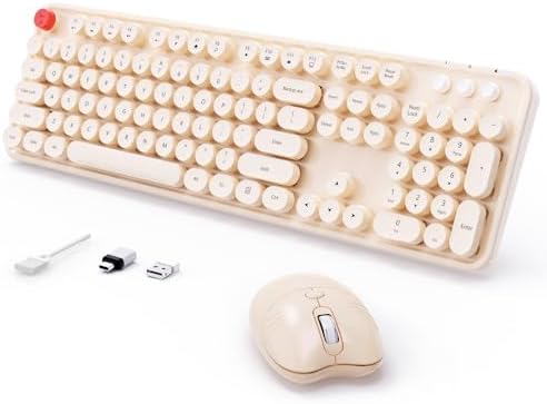 Wireless Keyboard Mouse, MOFII 104 Keys Cute Retro Typewriter Coffee