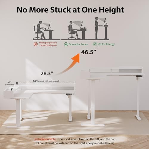 Agilestic L Shaped Standing Desk with Monitor Shelf, 63 Inch, White
