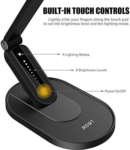JKSWT LED Desk Lamp, Eye-Caring Table Lamps Natural Light Protects Eyes Dimmable Office Lamp with 5 Color Modes USB Charging Port Touch Control and Memory Function, 10W Reading Lamp,Black