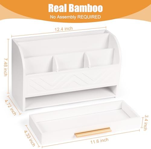 Charmewooden White Desktop Organizer with Drawer Storage, White Desk Organizer Mail Holder Mail Organizer Countertop Pen Holder Letter Sorter Make up Organizer for School Home Office Supplies