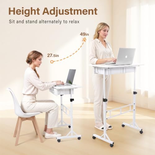 Small Standing Desk with 2 Drawers, Rolling Computer Desk for Walking Pad