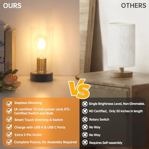 Touch Control Bedside Lamp with Charging Station，Black Gold Small Lamp