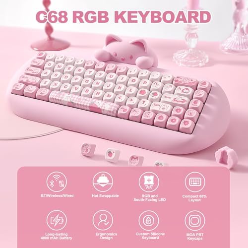 YUNZII C68 Silicone Cute Cat Mechanical Keyboard (Pink, Cocoa Cream Switch)