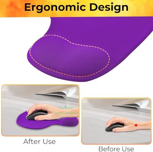 Mouse Pad with Wrist Support, 2-Pack Ergonomic Mousepad with Wrist Rest, Gaming Mouse Pad with Non-Slip PU Base, Relieve Pain Relief, for Home Office Computer Laptop, Purple
