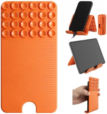 Flexible Silicone Aluminum Phone Holder Tablet Stand with Charging Port Design, Foldable Airplane Laptop/Phone Stand for Home Office Travel (Orange - with Suction)