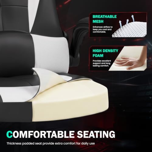 Massage Gaming Chair Office Chair Ergonomic PU Leather Desk Chair with Lumbar Support, Headrest, Flip-Up Armrests, and Swivel Rolling Base, Ideal for Women Adults, White