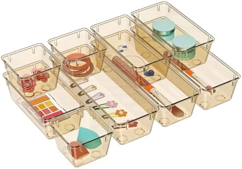 9 Pack Clear Drawer Organizer Set, Drawer Storage Trays, Storage Bins