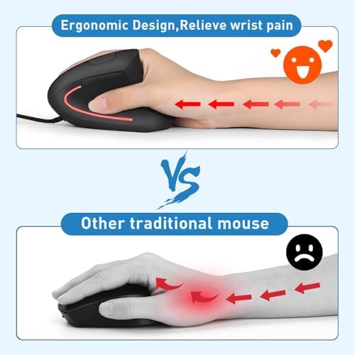 Wired Ergonomic Mouse, USB Wired Vertical Mouse with 800/1200/1600 Adjustable DPI, 6 Buttons Ergonomic Mouse for Laptop/PC/Desktop-Black