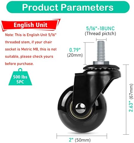 Hirate 2 inch Office Chair Casters Wheel with 5/16"-18UNC Threaded Stem
