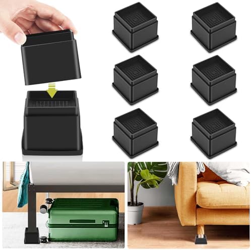 6 Pack Furniture Risers 2 Inch, Adjustable Bed Risers Heavy Duty for Table Desk Couch Chair Sofa Cabinet Bed Frame Dorm, Square Stackable Table Leg Risers Lift Height 2" or 4", Black