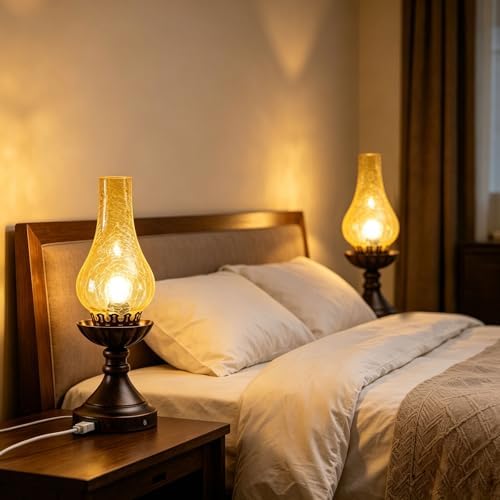Farmhouse Rustic Touch with USB A+C Charging Ports Table Lamps，Bedroom Bedside Vintage Decor Lantern Hurricane Lamps Set of 2-USB A+C