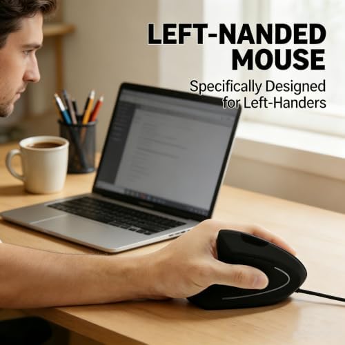 Left Handed Vertical Ergonomic Mouse, Wired for PC Laptop Mac, Plug & Play