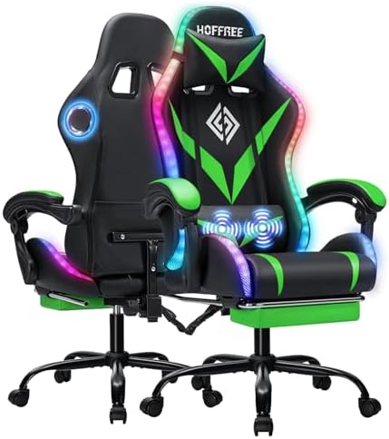 Gaming Chair with Bluetooth Speakers RGB LED Lights Computer Chair-Green
