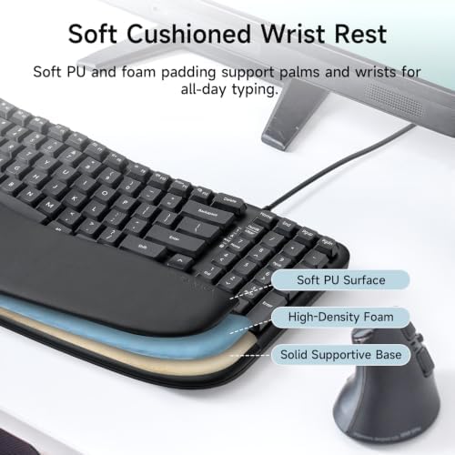 SANWA Wired Ergonomic Keyboard, Curved Wave Keyboard with Cushioned Wrist Rest, Compact Full-Size Layout, USB-A & C Port, 13 Shortcuts Keys, Natural Typing, Compatible with Win/Mac, Laptop, PC, Black