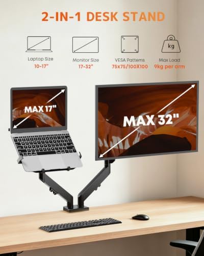 PUTORSEN Monitor and Laptop Arm for Max 32” Monitor and 17” Laptop
