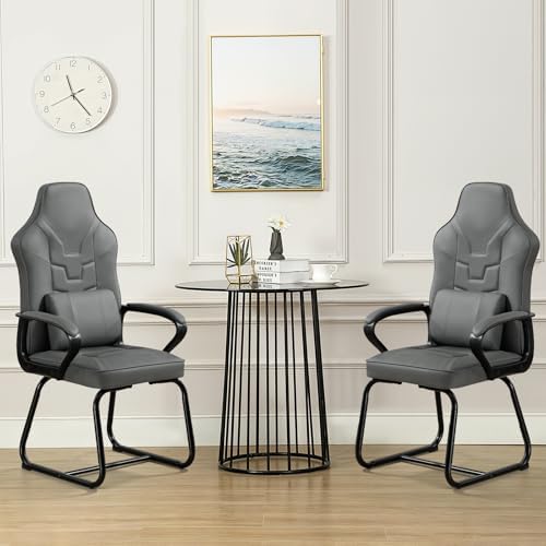Leather Office Guest Chair No Wheels High Back Computer Reception Chairs with Padded Arms Waist Pillow for Gaming Meeting Conference Waiting Room, Grey