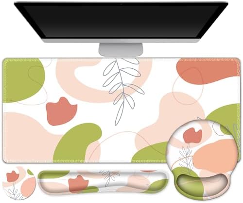 Gaming Mouse Pad, Large Desk Mat, Cute Desk Pad Protector, 4 in1 XXL Mousepad + Keyboard Wrist Rest+Mouse Wrist Rest+Coaster Set with Ergonomic Desk Pad for Home Office Table Computer Pink Rose