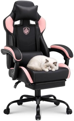 GTPLAYER Gaming Chair with Footrest, High Back Computer Chairs for Adults with Linkage Armrest Lumbar Support Heavy Duty 350lbs Ergonomic Swivel PC Game Chair for Office, Pink