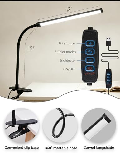 2 Pack Clip On LED Desk Lamp, 3 Lighting Modes 10 Brightness Levels, Flexible Goose Neck Swing Arm Task Lamp, Eye Caring USB Powered Clamp Light for Home Office Study Reading Bedside
