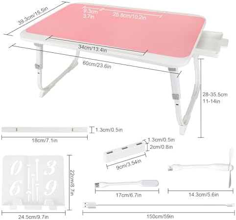 Laptop Desk for Bed, Adjustable Height Laptop Bed Table, Foldable Lap Desk with USB Charge Port, Desktop Card Slot, Side Drawer, Book Shelf, Portable Lap Tray for Eating Reading Working Sofa & Floor