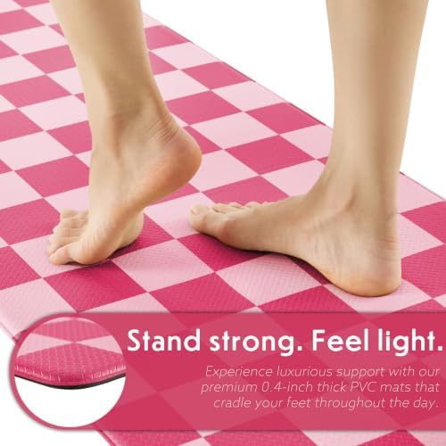 Ohocut Pink Coral Checkered Kitchen Mats for Floor Set of 2, 2 Pcs Cushioned Non Slip Runner Rugs for Kitchen/Sink/Laundry, Comfort Aesthetic Cute Anti-Fatigue Foam Floor Mat 17.3"x29.5"+17.3"x47.2"