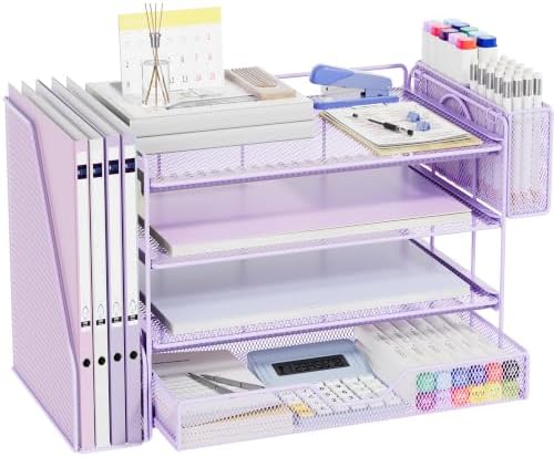 4-Tier Desk File Organizer with Drawer & Pen Holder (Purple)