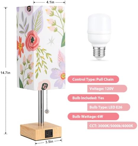 aooshine Flower Small Table Lamp for Bedroom - 3 Color Temperature 3000K 5000K 4000K Bedside Lamp, Pull Chain Control, USB A and C Ports, Bulb Included