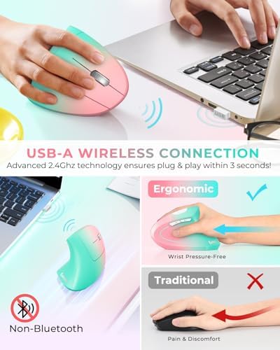 Lekvey Ergonomic Mouse, Rechargeable Wireless Vertical Mouse, Pink Green