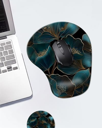 Ergonomic Mouse Pad with Wrist Rest,Comfortable Computer Gel Mouse Pad Wrist Support for Laptop,Pain Relief Mousepad with Non-Slip PU Base Gold Green Plants