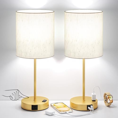 17.6" Gold Touch Lamps for Bedroom Set of 2 - Dimmable, USB C+A, AC Outlet