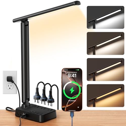 LED Desk Lamp with Power Strip, 3 AC Outlets, 4 USB Ports, Stepless Dimming