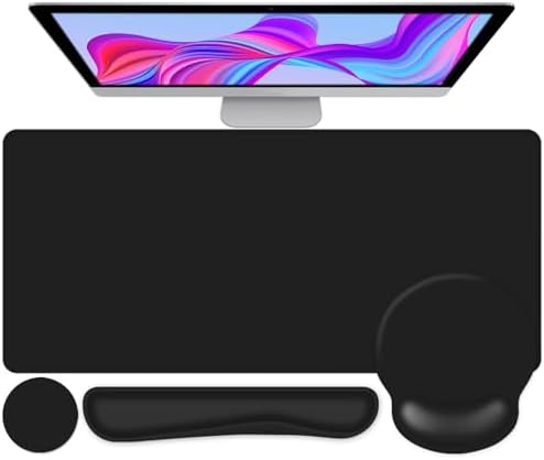 Mouse Pad Desk Pad Protector, Keyboard Wrist Rest + Mousepad Wrist Rest +Coaster, Large Gaming Mouse Pad for Computer Keyboard Desks Laptop, XXL Desk Mat Writing Pad for Office and Home, Cool Black