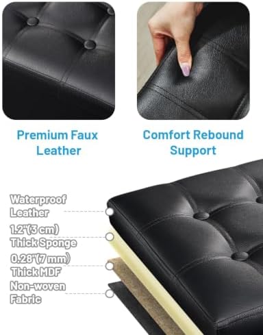 AmasSmile Ottoman with Storage,17" Folding Leather Foot Rest Chest,Black