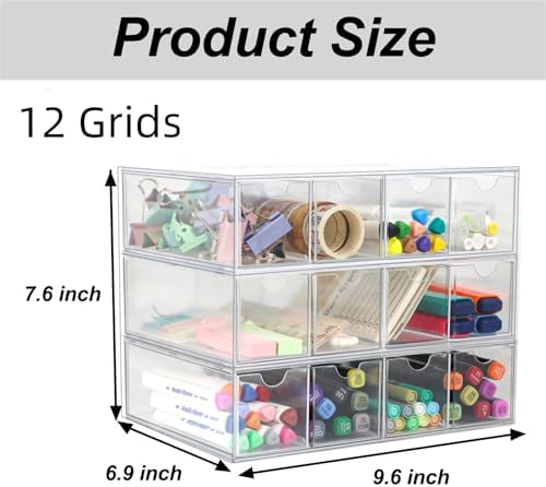 ZEXALOR Clear Desk Organizer Storage with 12 Drawers, Desktop Organizers, Bathroom Office Supplies, Plastic Storage Drawer for Makeup, Jewelry, Pen, Stationary, Hair Accessories, Sunglass (12-Drawer)