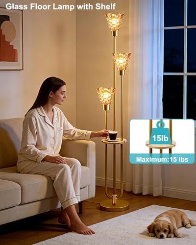 3-Light Modern Glass Floor Lamp with Shelf, Gold Tall Standing Lamp with Amber Flower Glass Shade, LED Floor Lamp with Foot Switch& 5Lbs Heavy Base for Living Room Bedroom, Bulb Included