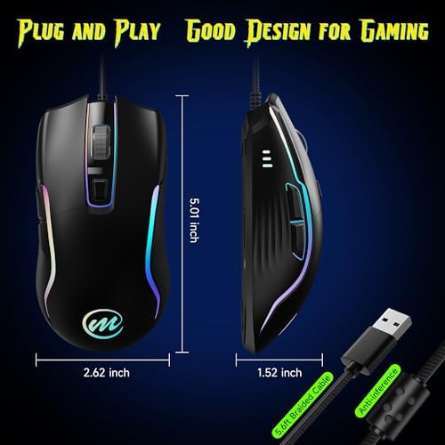 memzuoix Wired Gaming Mouse with RGB - 6 Adjustable DPI up to 12800, 6 Buttons, 12 Lighting Modes, Ergonomic Design with Anti-Slip Rubber Wheel, 5.6ft Braided Cable for PC/Mac/Windows - Black