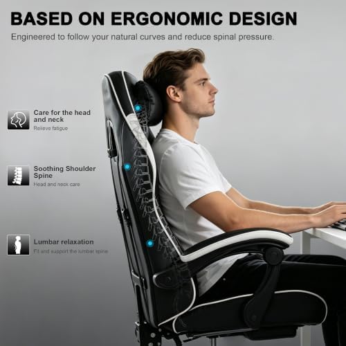 Gaming Chair for Adults, Computer Chair with Footrest and Pocket Spring Cushion,Comfortable Ergonomic Video Game Chair with Lumbar Support and Headrest for Office Home (White)