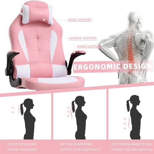 Big Tall Gaming Chair,Ergonomic Comfortable Computer Office Desk Chair with Headrest Lumbar Support,Height Adjustable Tiltable,Wide Swivel Wheel for Kid Adults Home Office Gaming,Pink